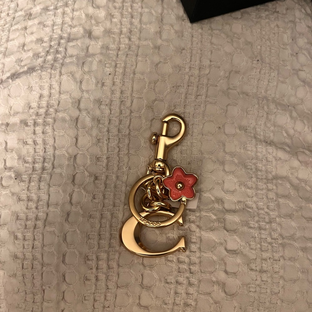 Gold-Tone Keychain Charm with Pink Flower Accent